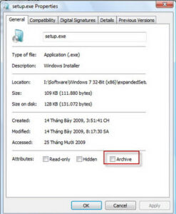 tại thẻ General, bạn bỏ chọn ô Archive