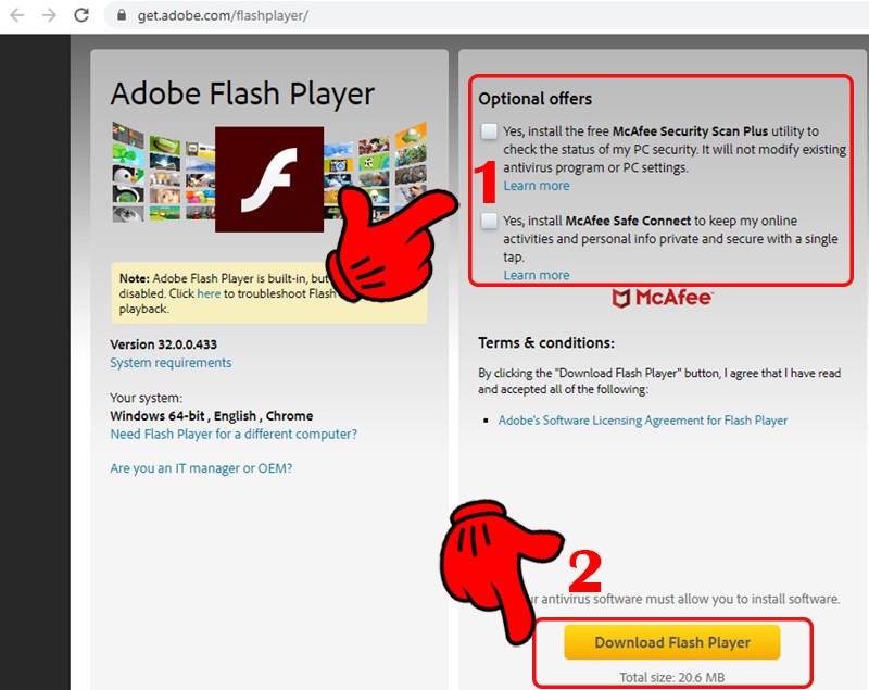 Nhấn nút "Download Flash Player"