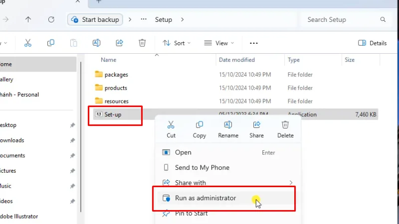 Chạy file Setup bằng quyền Admin