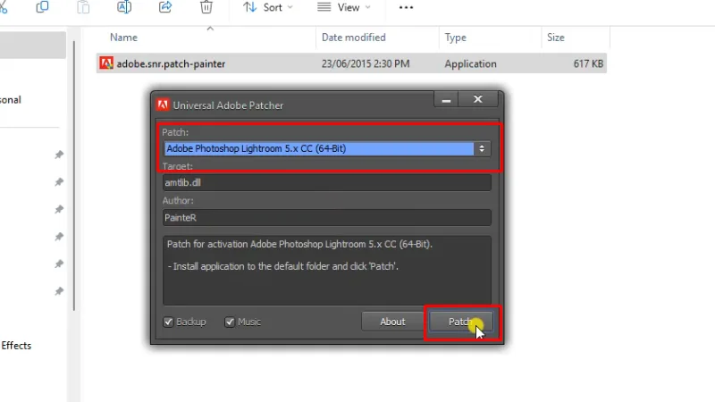 Tải Lightroom 2017: Hướng Dẫn Cài chi tiết 23 Chọn Adobe Photoshop Lightroom 5.x CC (64BIT) và bấm Patch