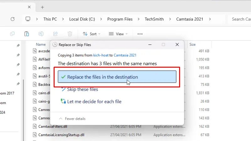 Bấm vào Replace the files...