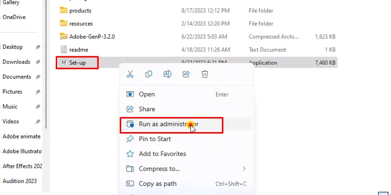 chuột phải file setup và chọn run as admin
