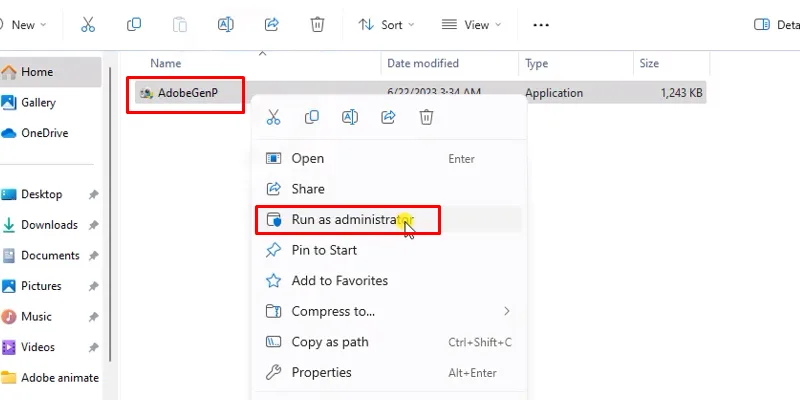 chuột phải file AdobeGenP và chọn Run as admin