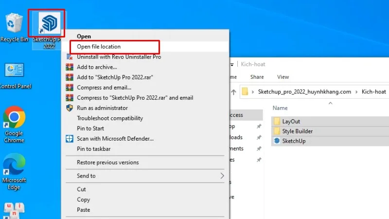 Chuột phải vào app sketchup 2022 và chọn open file location