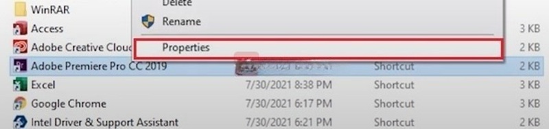 Nhấn chuột phải vào tệp “Adobe Premiere Pro CC 2019” Chọn “Properties” Nhấn chuột phải vào tệp “Adobe Premiere Pro CC 2019” Chọn “Properties”