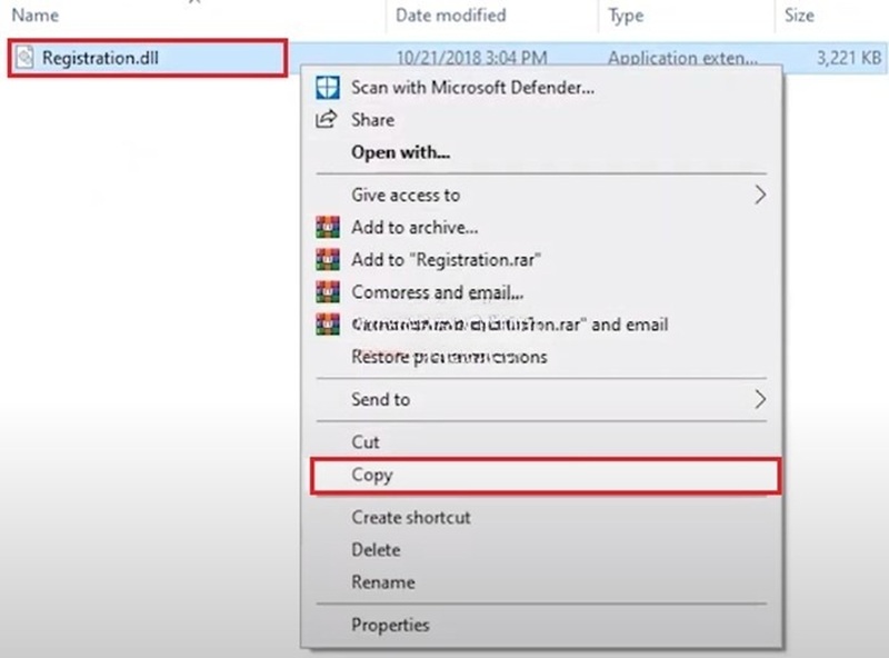 Nhấn chuột phải vào tệp “Registration.dll” Chọn “Copy” Nhấn chuột phải vào tệp “Registration.dll” Chọn “Copy”