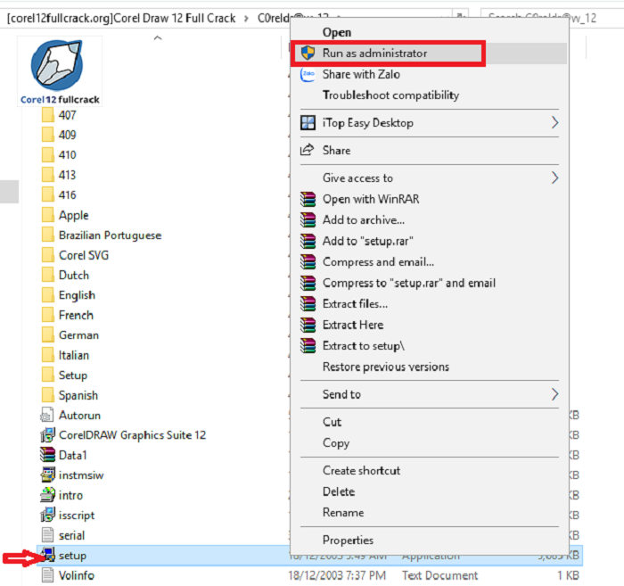 Chọn File Setup và nhấn Run as administrator để tiến hành cài đặt