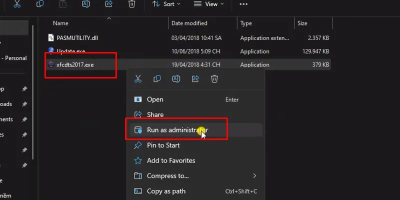 chuột phải vào file xfcddls2017.exe và chọn Run As Admin