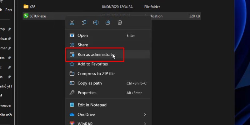 Chuột phải vào SETUP và chọn Run as admin