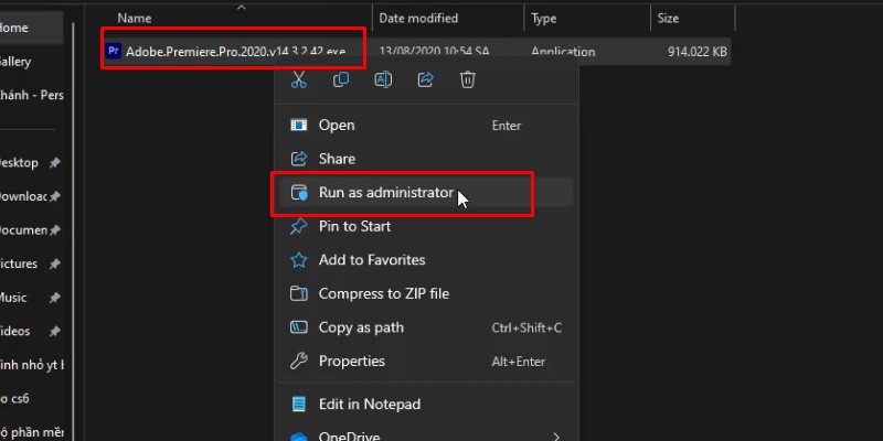 Chuột phải vào Adobe.Premiere.pro.2020 và chọn run as admin