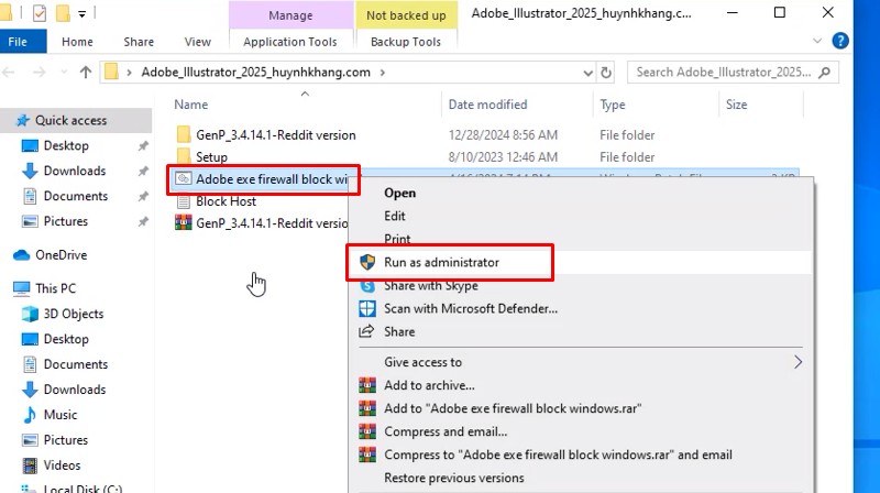Mở file adobe exe firewall block internet bằng Run as admin