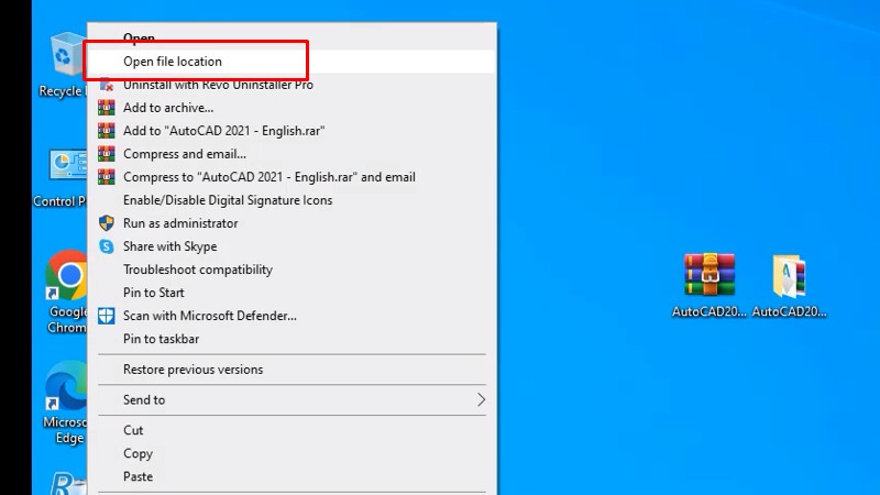 Chuột phải vào Autocad 2021 chọn Open file location